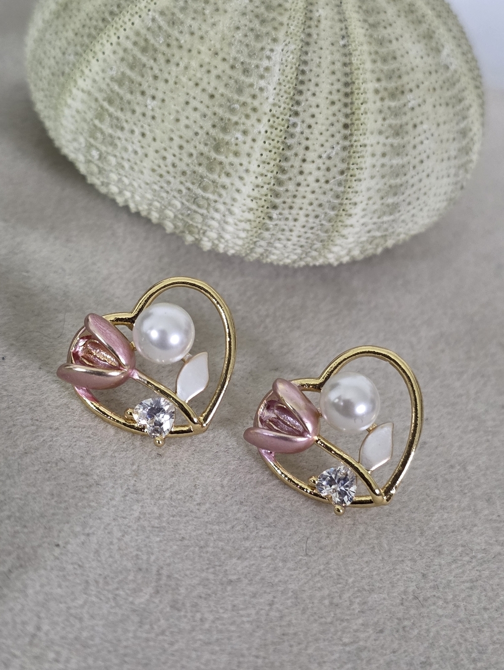 Gold Filled Enamel Tulip & Pearl Heart Stud Earrings